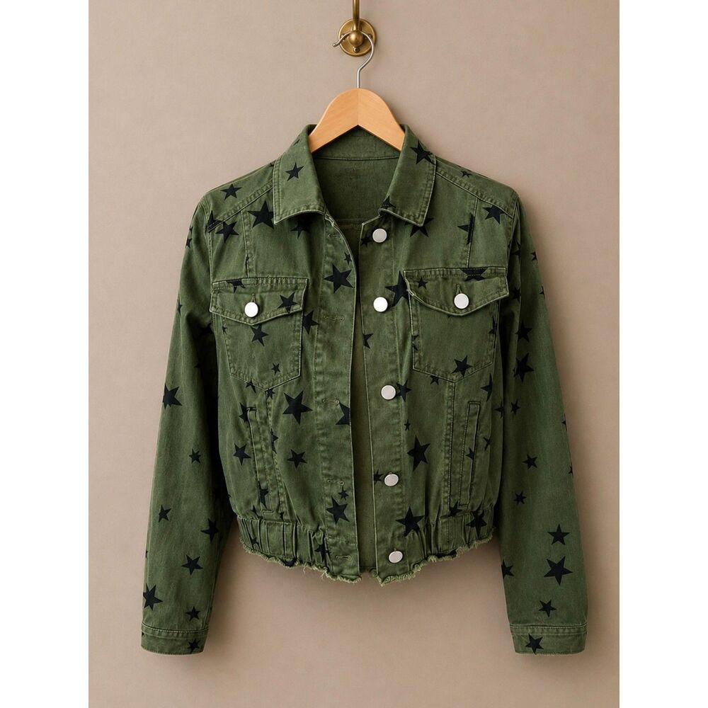 Jou Jou Star Print Women's SZ L Green Black Cropped Jacket Military Fun Classic